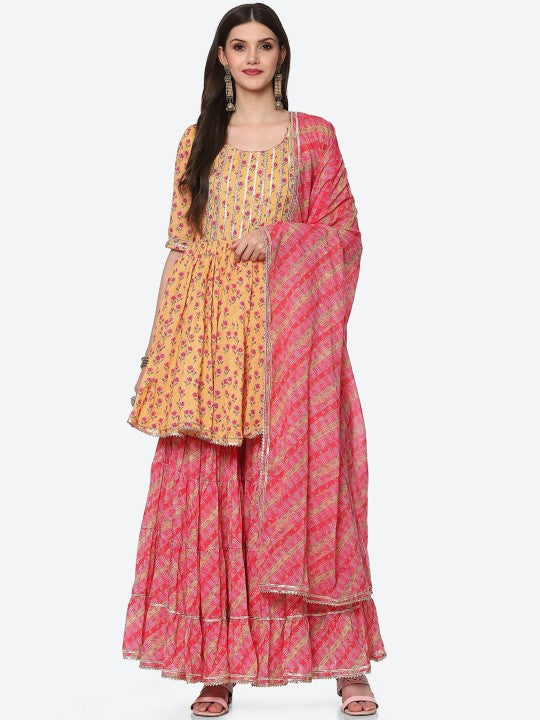 Biba Women Yellow Floral Printed Kurta with Sharara & With Dupatta