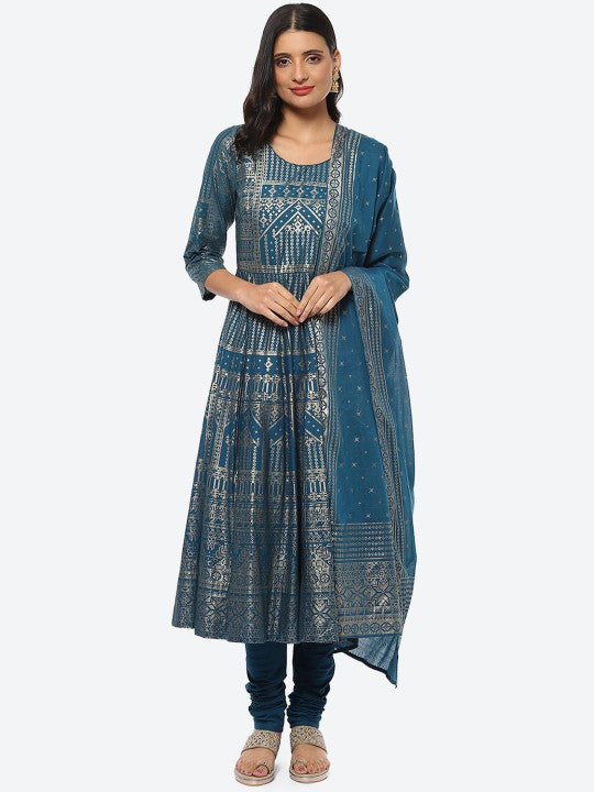 Biba Women Teal Printed Kurta with Churidar & With Dupatta