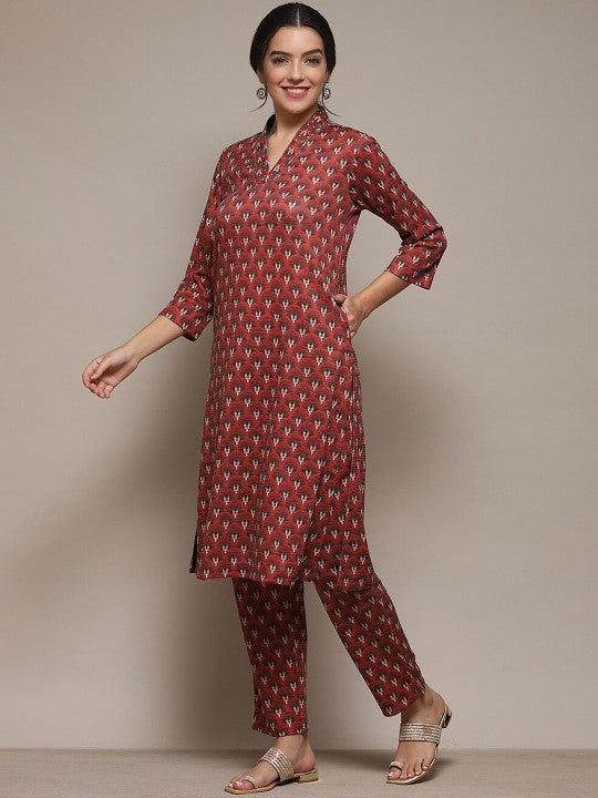 Biba Ethnic Motifs Printed V-Neck Straight Kurta with Trousers