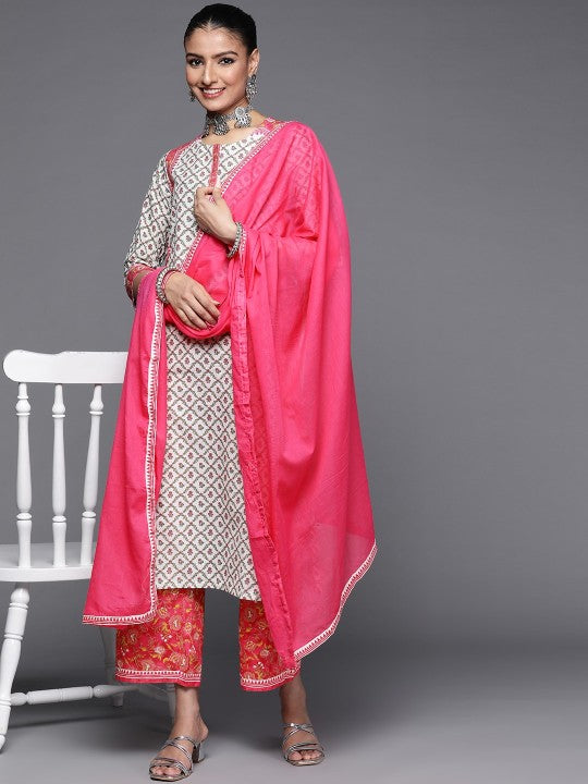 Biba Women White & Pink Ethnic Motifs Printed Cotton Kurta with Palazzos & With Dupatta