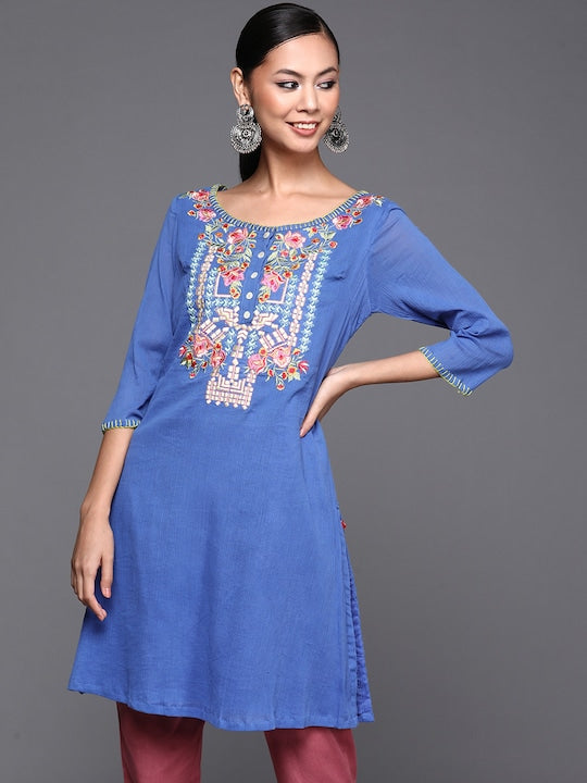 Biba Women Blue Pure Cotton Floral Embroidered Mirror Work Kurta