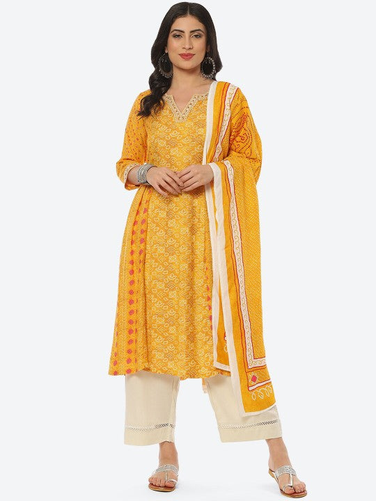 Biba Women Bandhani Printed Mirror Work Kurta with Palazzos & With Dupatta