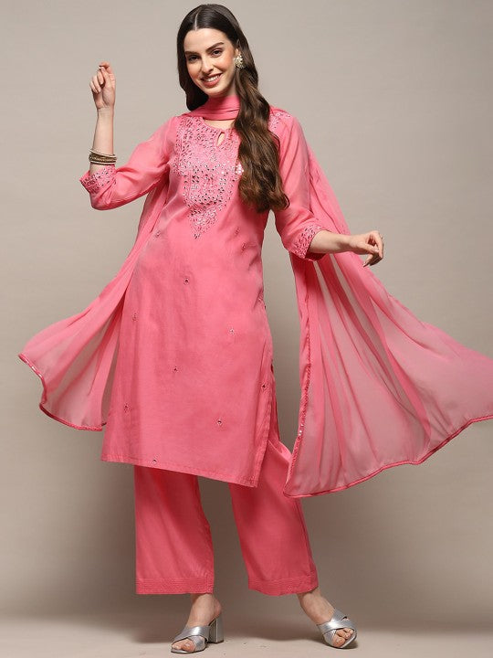 Biba Ethnic Motifs Yoke Design Regular Mirror Work Kurta With Palazzos & Dupatta