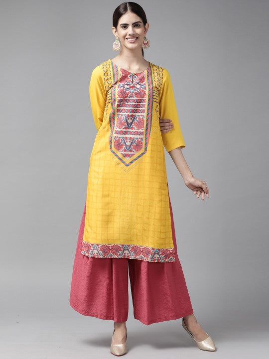 W Women Mustard Yellow & Pink Checked Keyhole Neck Straight Kurta