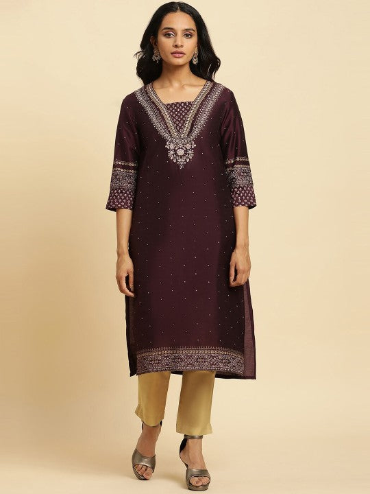 W Purple Floral Yoke Design Sequinned Straight Kurta