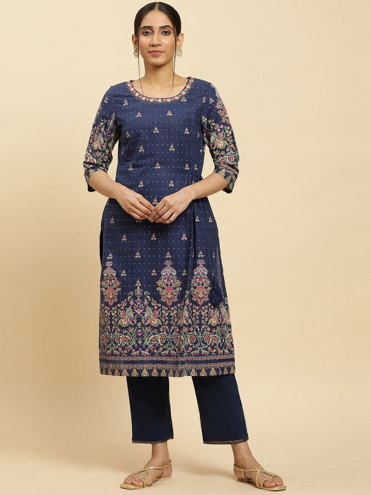 W Ethnic Motifs Printed Round Neck Pure Cotton Straight Kurta