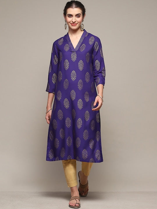 Biba Ethnic Motifs Printed V-Neck Straight Kurta - Violet