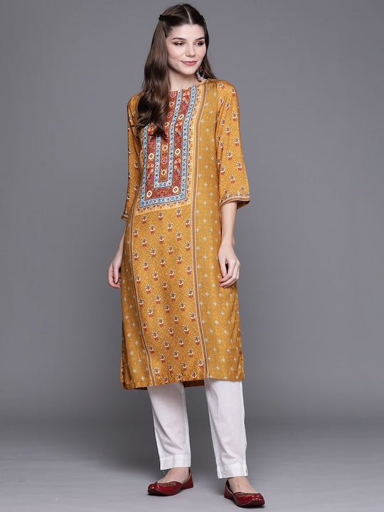 Biba Women Mustard Yellow & Blue Ethnic Motifs Printed Kurta