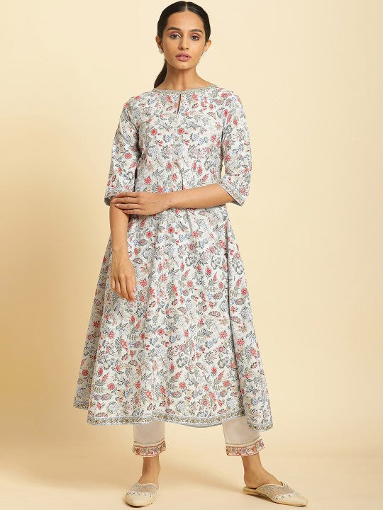 W Ethnic Motifs Printed Pure Cotton Anarkali Kurta - Blue