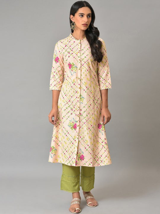 W Women Floral Printed Keyhole Neck Kurta
