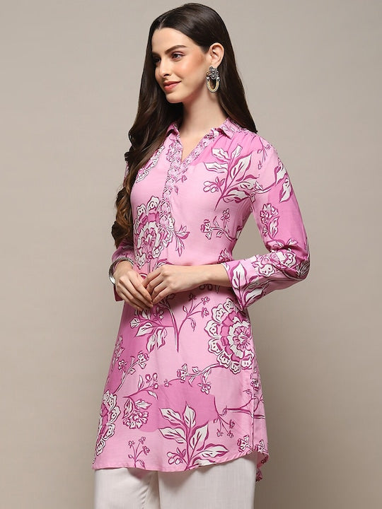 Biba Floral Printed Shirt Collar A-Line Kurti - Pink