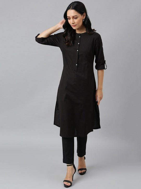 W Women Black Solid Mandarin Collar Cotton Kurta