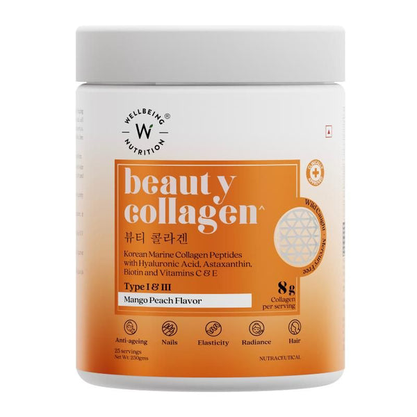 Wellbeing Nutrition Beauty Korean Marine Collagen Peptides - Mango Peach - 250 gms