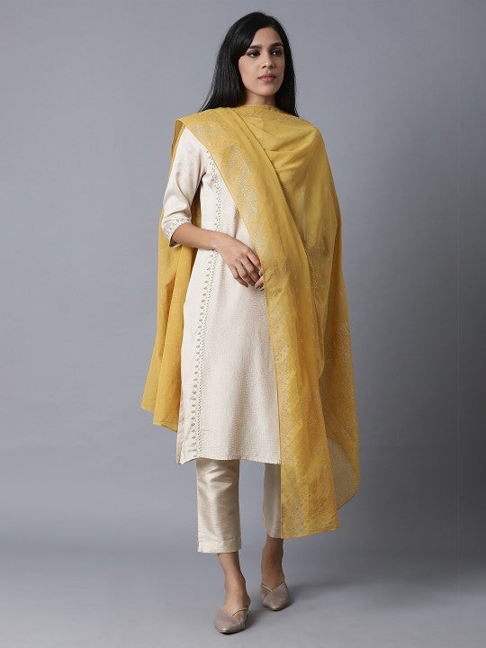 W Yellow & Gold-Toned Ethnic Motifs Printed Dupatta
