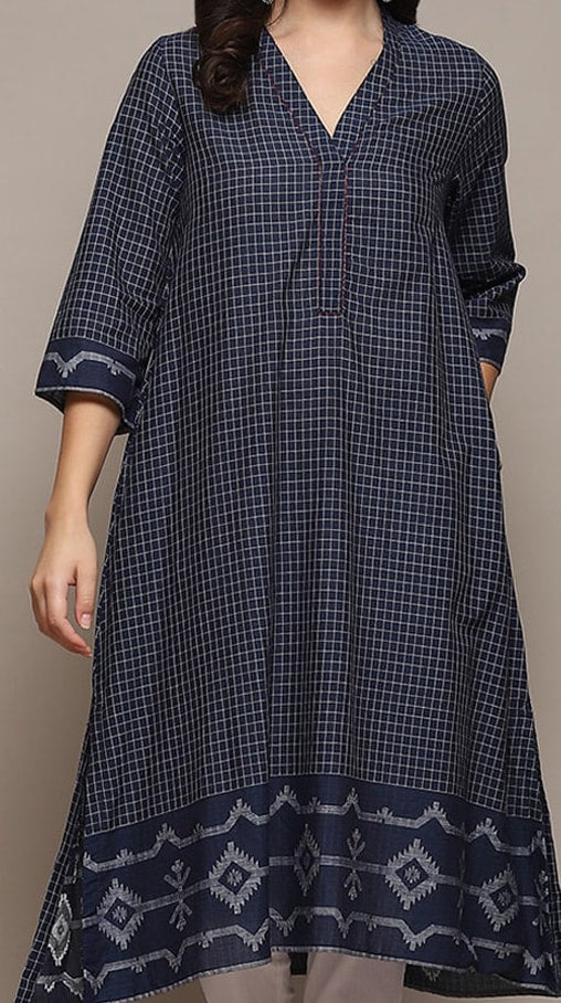 Biba Checked V-Neck A-line Kurta