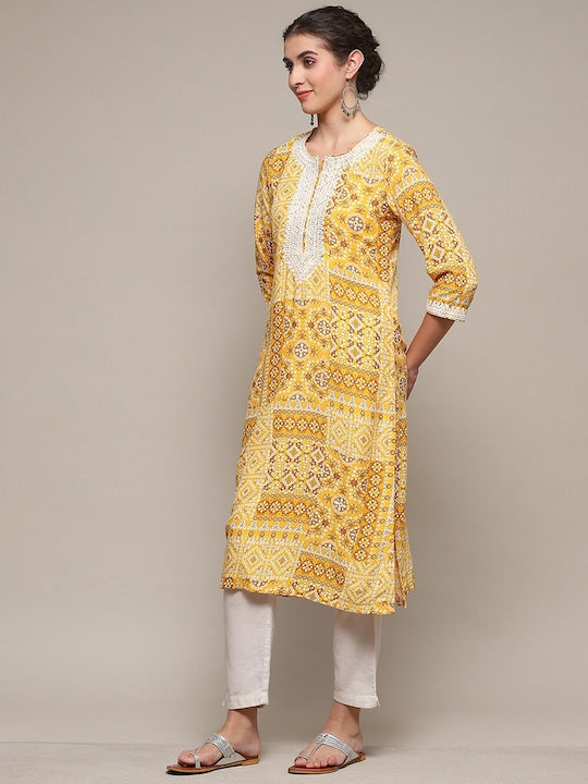 Biba Bandhani Printed Thread Work Notched Neck straight Kurta