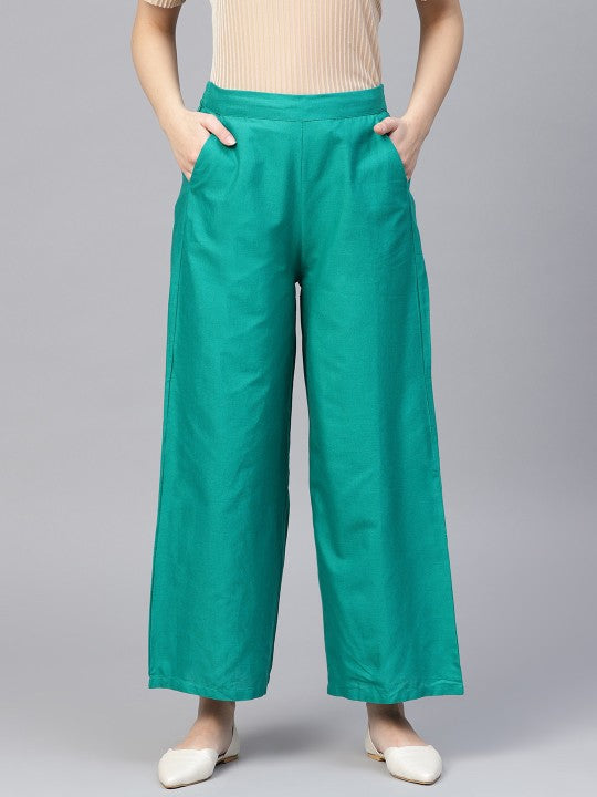 W Women Turquoise Green Solid Wide Leg Palazzos