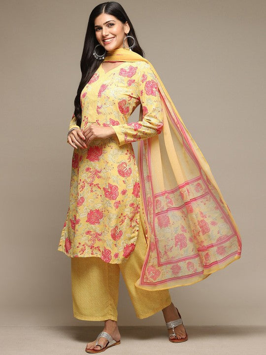 Biba Women Ethnic Motifs Printed Kurta with Palazzos & Dupatta - Yellow & Pink