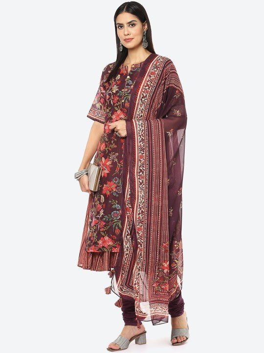 Biba Women Plus size Maroon Floral Printed Layered Kurta with Churidar & Dupatta