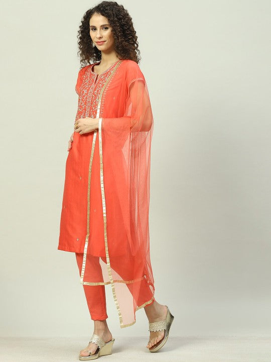 Biba Embroidered Yoke Design Kurta With Trousers & Dupatta