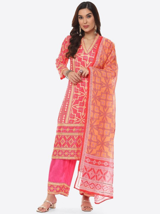 Biba Women Fuchsia Printed Kurta with Trousers & With Dupatta