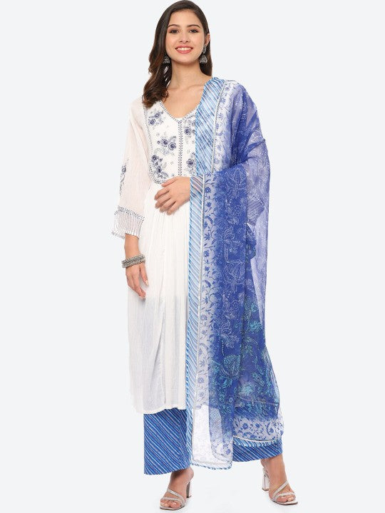 Biba Women White Ethnic Motifs Printed Silk Crepe Kurta with Palazzos & With Dupatta