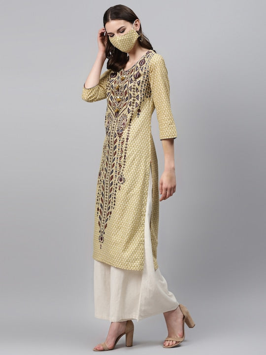 Biba Women Mustard Yellow Brown Printed Pure Cotton Straight Kurta