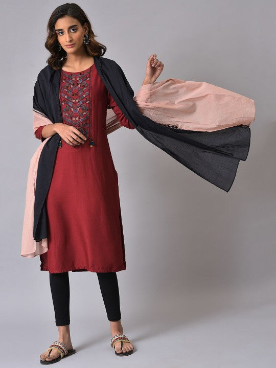 W Pink & Black Colourblocked Ombre Cotton Dupatta