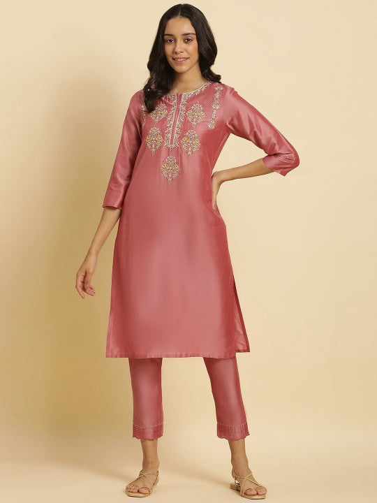 W Ethnic Motifs Yoke Design Thread Work A-Line Kurta - Pink