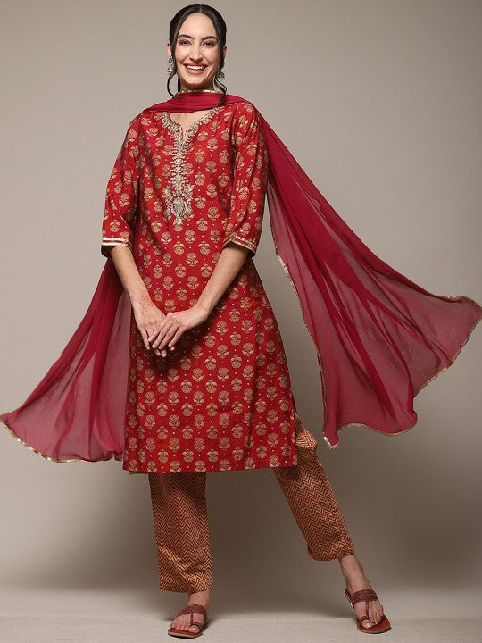 Biba Red And Gold Sequined Straight kurta And Trouser With Dupatta