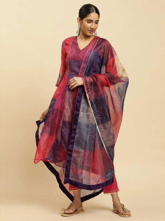 W Fuchsia & Navy Blue Geometric Printed Dupatta