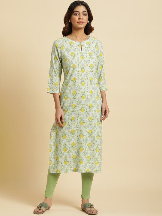 W Women Floral Printed Keyhole Neck Straight Kurta