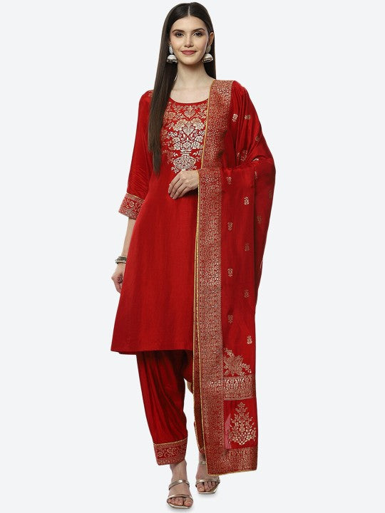 Biba Women Red Floral Yoke Design Kurta with Patiala & With Dupatta