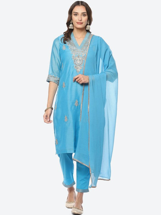 Biba Women Plus Size Ethnic Motifs Embroidered Kurta With Trousers & Dupatta