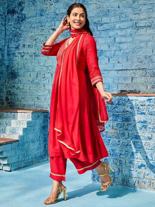 Biba Yoke Design Layered A-Line Thread Work V-Neck Kurta With Palazzos & Dupatta