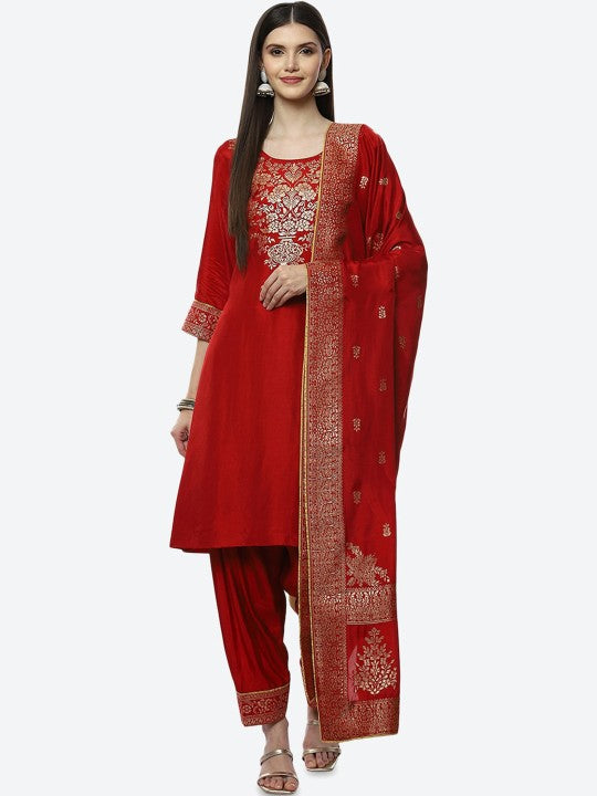 Biba Women Red Ethnic Motifs Printed Kurta with Patiala & With Dupatta