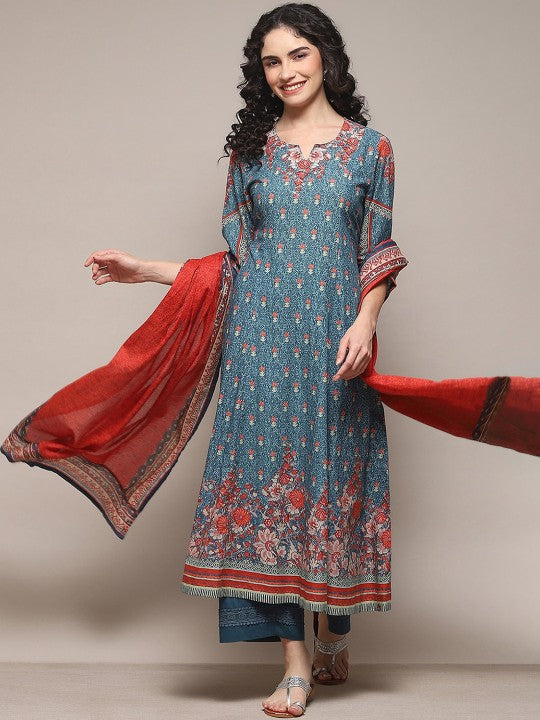 Biba Floral Printed Kurta With Palazzos & Dupatta - Blue & Red