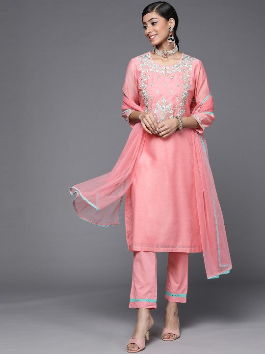 Biba Women Pink & Blue Ethnic Yoke Design Sequinned Kurta with Trousers & Dupatta