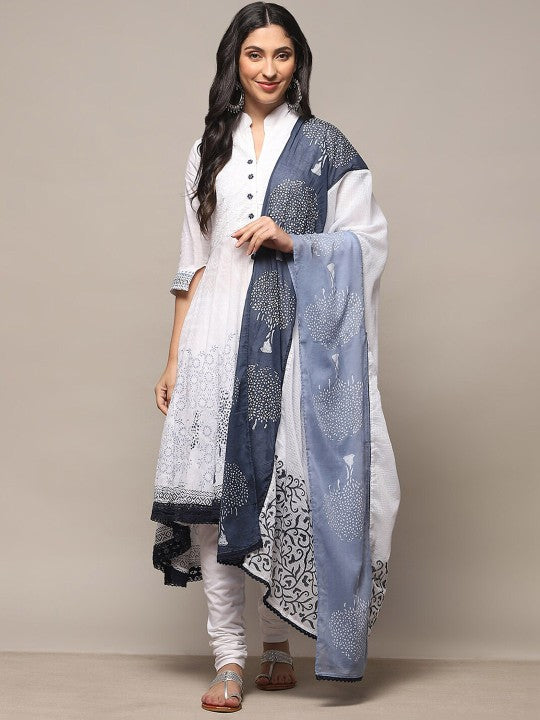 Biba Floral Printed Empire Pure Cotton Kurta With Churidar & Dupatta - White