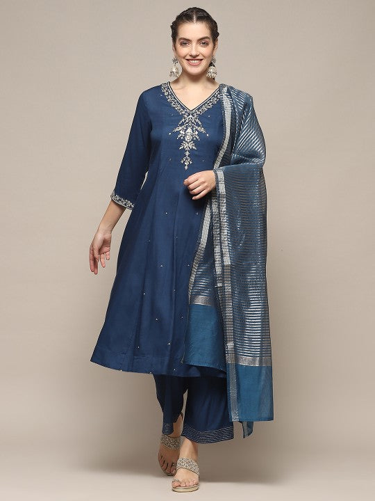 Biba Ethnic Motifs Yoke Design Regular Thread Work Kurta with Palazzos & Dupatta - Teal