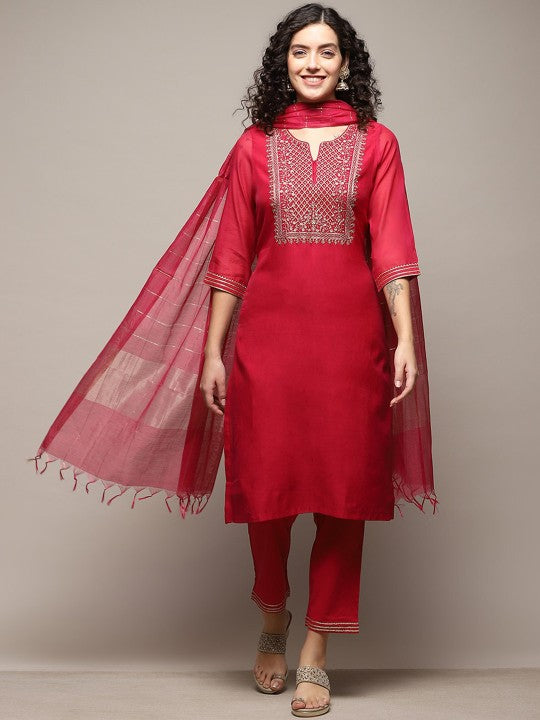 Biba Ethnic Motifs Yoke Design Thread Work Kurta with Trousers & Dupatta