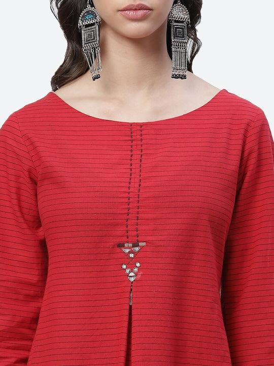Biba Women Red Striped Thread Work Kurta