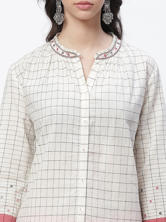 Biba Women White Checked Thread Work Kurta