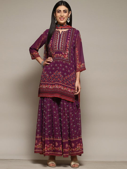 Biba Floral Printed Mirror Work Straight Kurta & Sharara With Dupatta