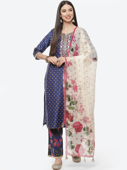 Biba Women Blue & Cream Ethnic Motifs Embroidered Pure Cotton Kurta Set With Dupatta