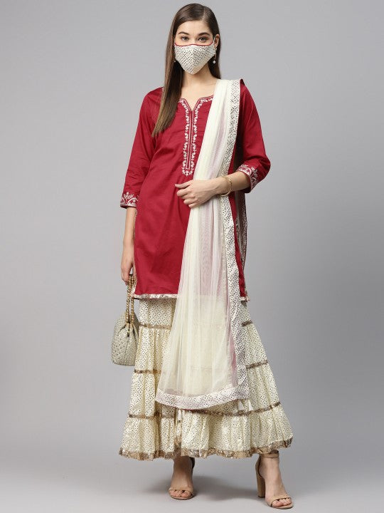 Biba Women Pink & Cream-Coloured Solid Kurta with Sharara & Dupatta