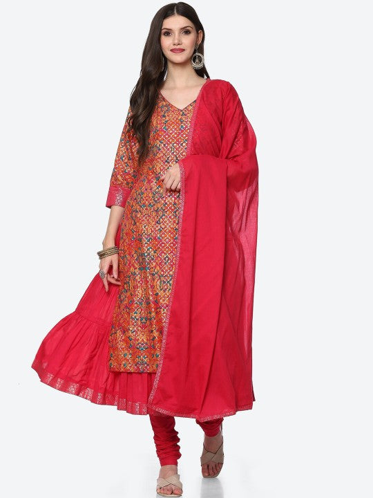 Biba Women Fuchsia Floral Printed Layered Kurta with Churidar & With Dupatta