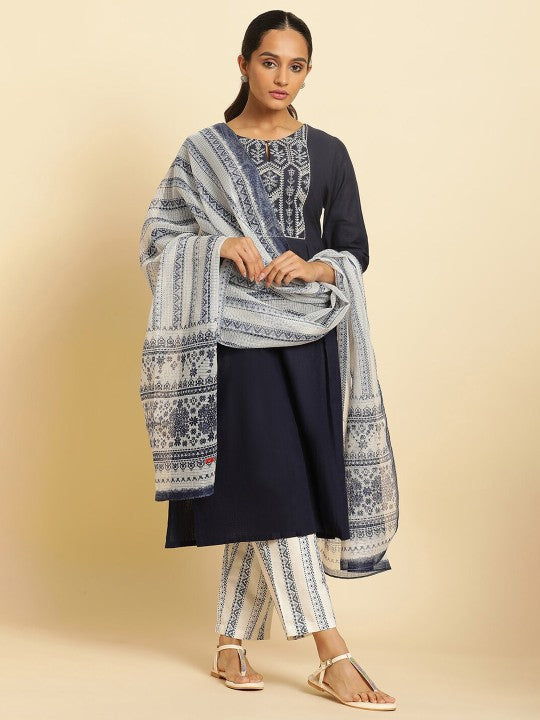 W Ethnic Motifs Printed Dupatta - Off White & Blue