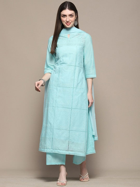 Biba Ethnic Motifs Embroidered Regular Pure Cotton Kurta with Palazzos & Dupatta