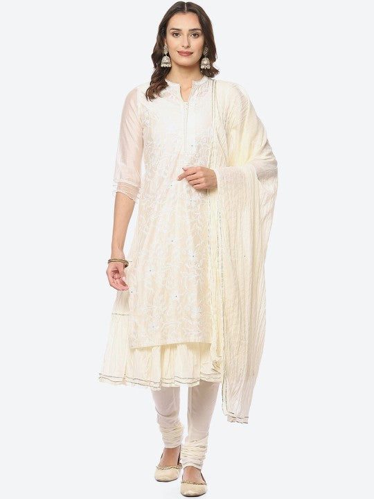 Biba Floral Layered Thread Work Kurta with Churidar & Dupatta